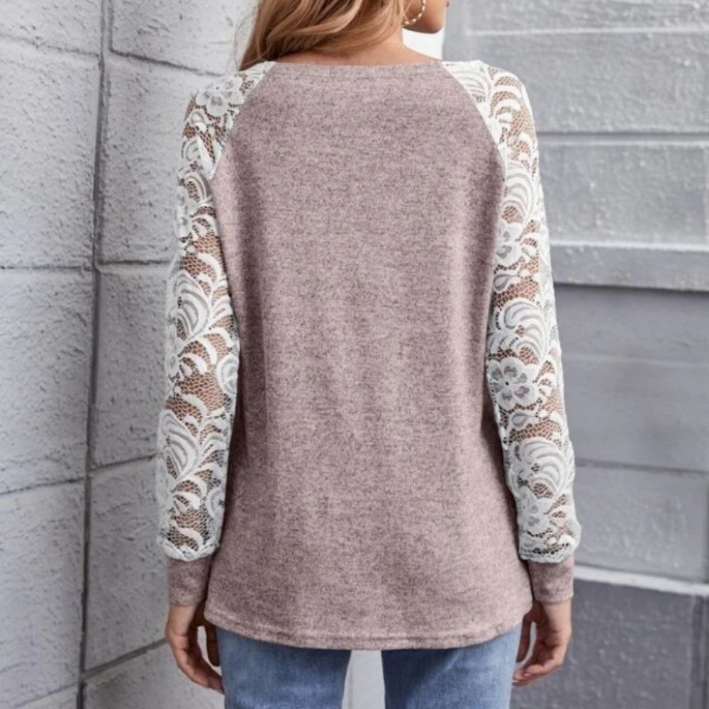 Causal lace details Long sleeved Top MAUVE - Picture 2 of 6